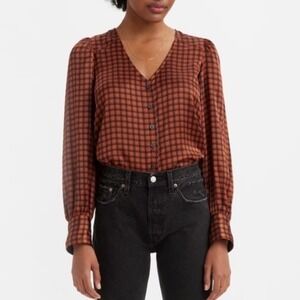 Levis Kit Plaid Satiny Button Front Blouse Long Sleeve‎ V Neck Top Womens Medium
